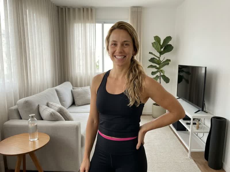 Carol, personal trainer, sorrindo na sala de casa